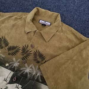 Tommy Bahama Shirt Mens Medium 100% Silk Hawaiian Palm Leaf Aloha Camp Green Tan